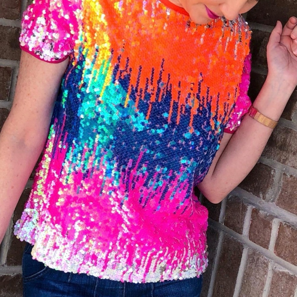 Eva Franco Loretta Multicolor Sequined Tee Vibrant‎ Colorful Whimsy Party Fun S